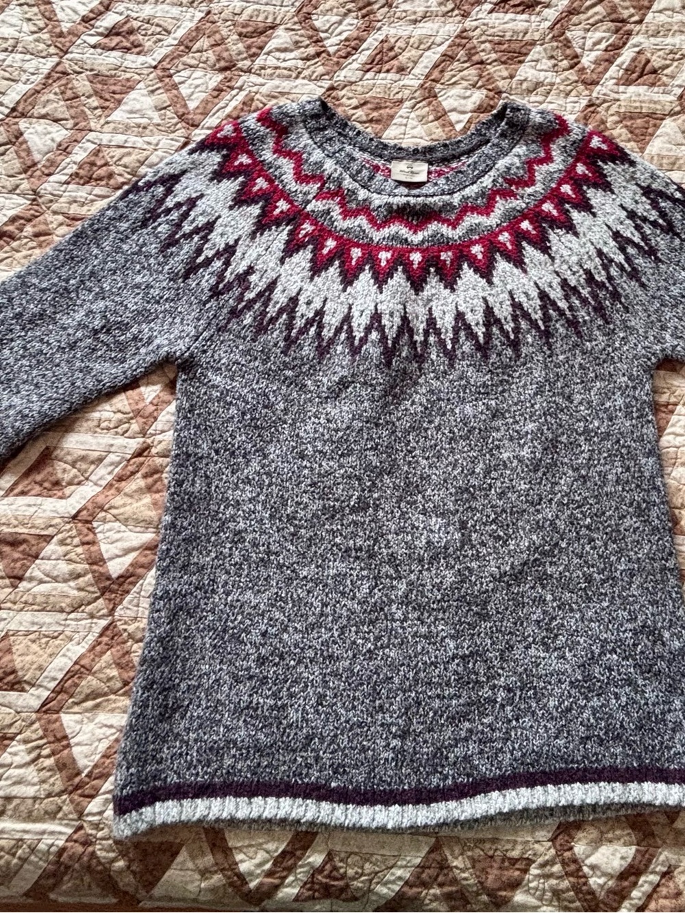 Women's Crewneck Nordic Yoke Sweater - Gray with Burgundy & White